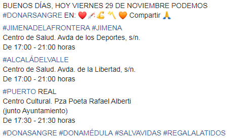 VIERNES 29 NOVI. PUEDE #DONARSAGRE EN:❤️💉💪〽️RT🙏
#ALCALÁDELVALLE <a href="/Alcala_Dial/">alcaladial.es</a> <a href="/ALCALAOFICIAL/">ALCALA DEL VALLE</a> <a href="/guadaalcala/">alcala del valle</a> <a href="/cdalcala1991/">CD Alcala del Valle</a>
#JIMENADELAFRONTERA <a href="/aytojimenafront/">ayto.jimenadelafra</a> <a href="/NNGGJimenaFra/">NNGG Jimena Fra.</a> <a href="/libelulajimena/">Asociación La Libélula Jimena de la Frontera</a> #PUERTOREAL <a href="/villapuertoreal/">Villa Puerto Real</a> <a href="/PuertoRealHoy/">PuertoRealHoy</a> <a href="/Puertorealweb/">PuertoRealWeb</a> <a href="/alvaritomorilla/">Álvaro Morilla Taracido</a> <a href="/BiblioUCA/">Biblioteca UCA</a>