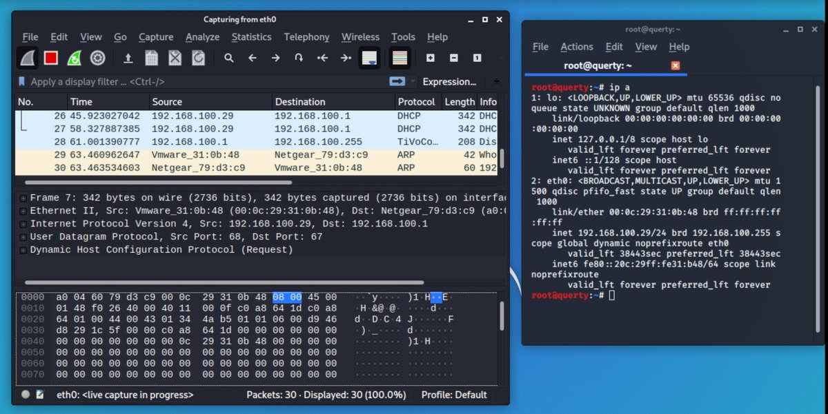 after running "ip a" we are now going to launch wireshark. The number of people who seem to not pcap whilst testing is way bigger than you think. SANS recomend it.. there's a reason for that ;)