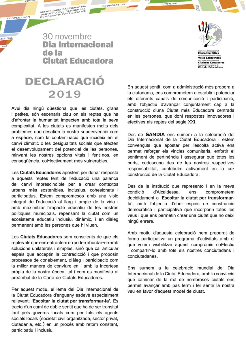 aj_gandia's tweet photo. Gandia pertany a la RECE (Xarxa Estatal de Ciutats Educadores) com a membre de ple dret, des de l'any 1996, per aquesta raó, i amb motiu del dia Internacional de les ciutats Educadores que se celebra avui 30 de novembre, s'ha adherit al manifest de la Xarxa Estatal. https://t.co/KtoHuepUSm