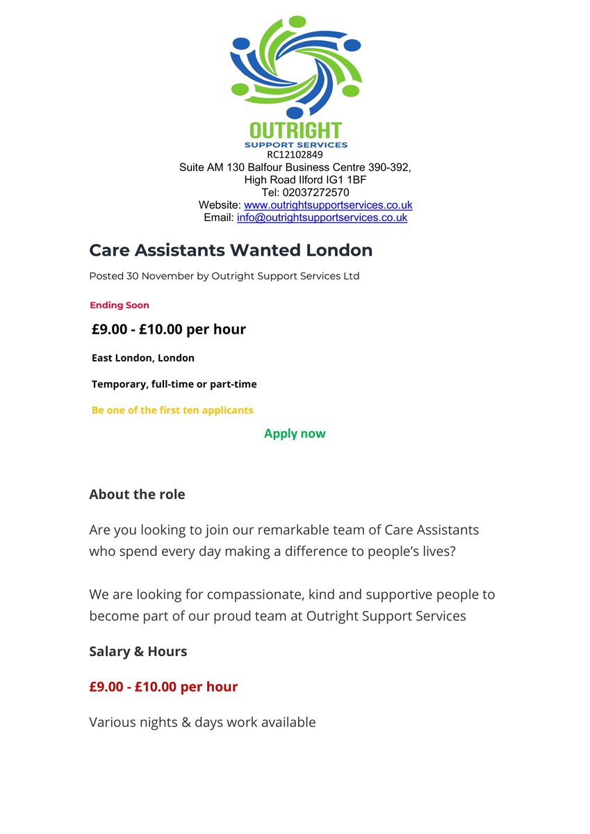 Care Assistant Part Time London