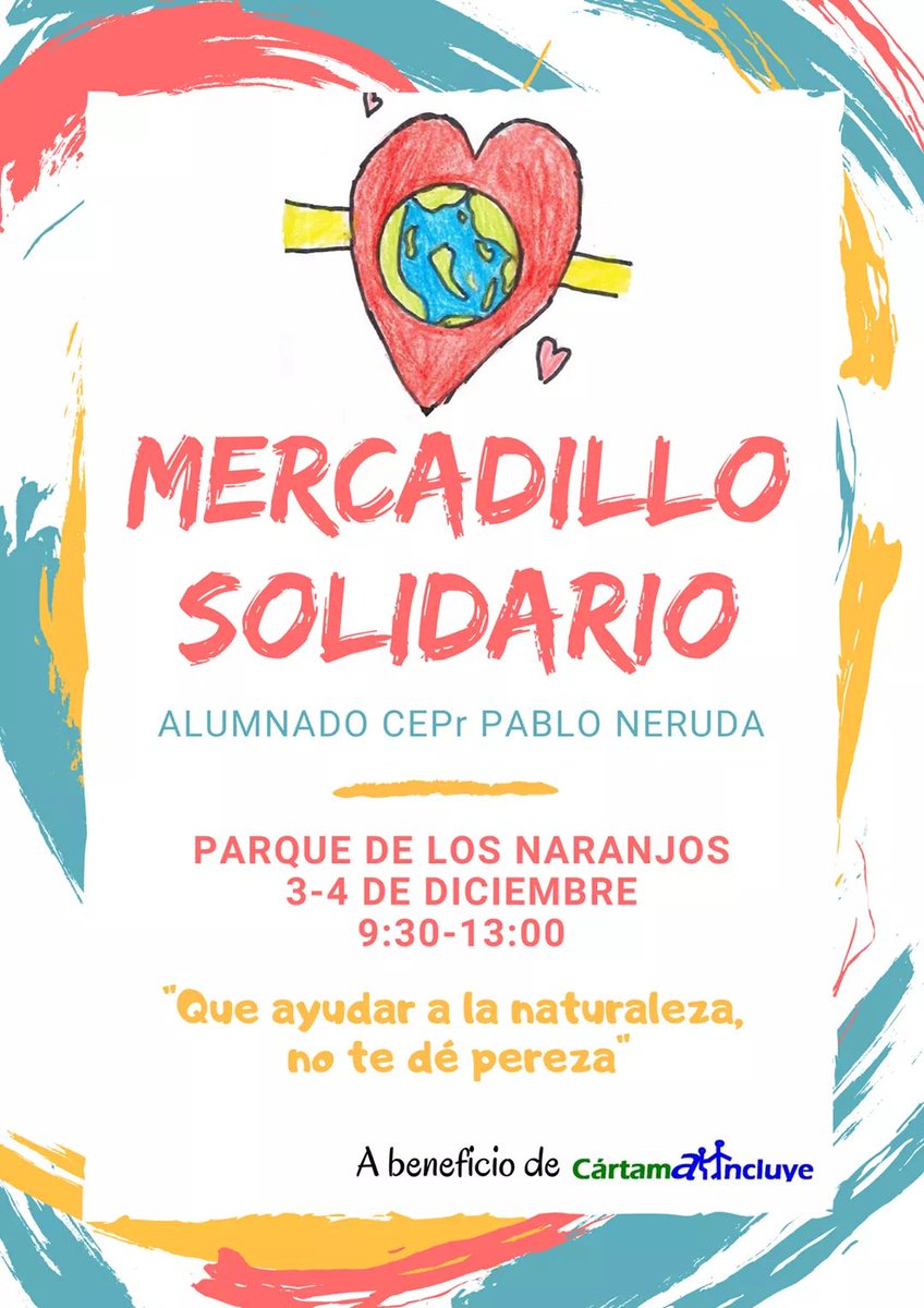 Ayto_Cartama's tweet photo. El alumnado de tercer ciclo del colegio Pablo Neruda llevará a cabo un Mercadillo solidario y una campaña de concienciación sobre medioambiente. Este evento tendrá lugar los próximos días 3 y 4 de diciembre en el parque de la urbanización Los Naranjos de Estación de #Cártama https://t.co/yGbhksk1A4
