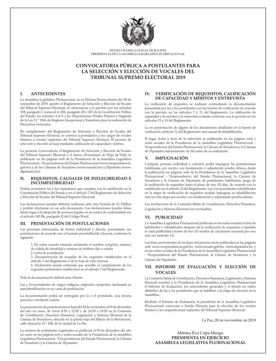 🔴#Último 
Les presentamos la Convocatoria para postularse al cargo de vocales del <a href="/TSEBolivia/">TSE Bolivia</a>
👉🏻Descargue aquí el documento📥
➡️bit.ly/2XYyRkv
RA