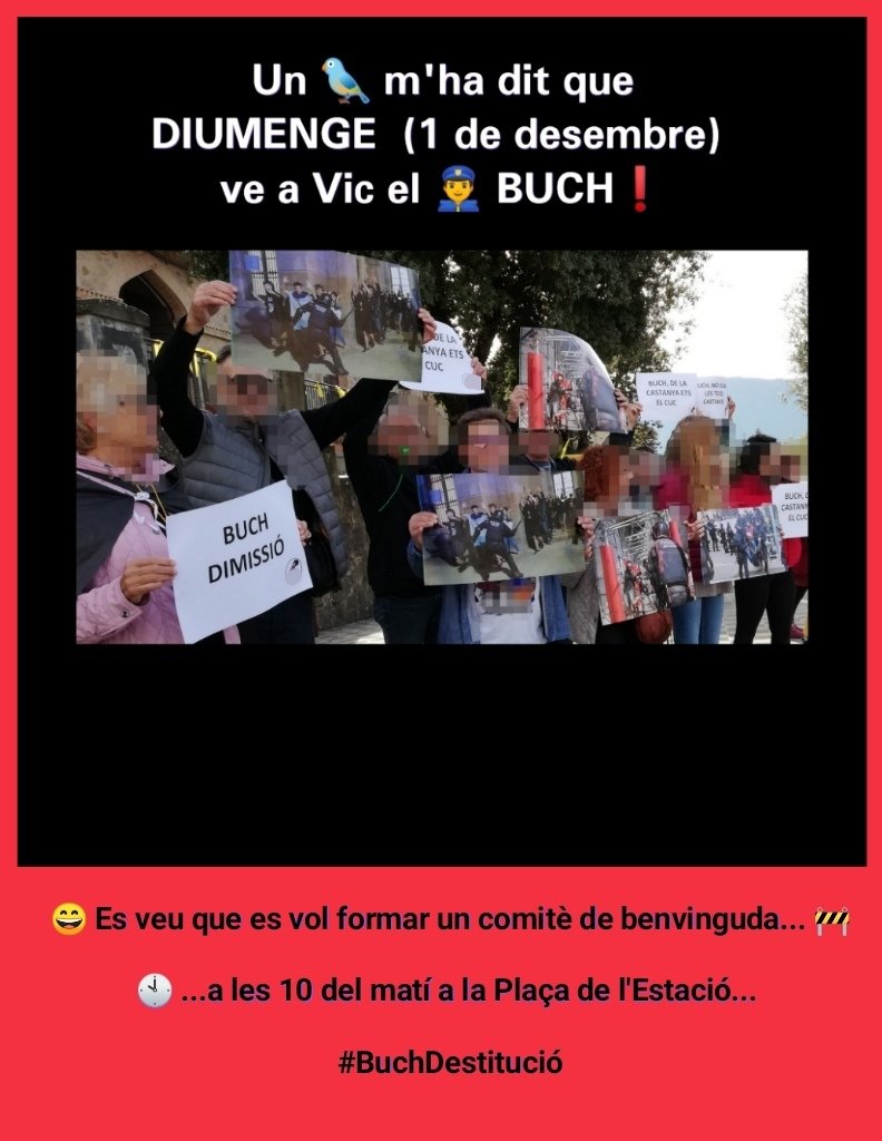 CDRepublicaVic's tweet photo. ⚠️ ‼️ Un 🐦 m'ha dit que
DIUMENGE (1 de desembre)
ve a Vic el 👮 BUCH❗ 

😄 Es veu que es vol formar un comitè de benvinguda... 🚧 

🕙 ...a les 10 del matí a la Plaça de l'Estació... 

#BuchDestitució 
#CDRenXarxa https://t.co/0sYf9klECi
