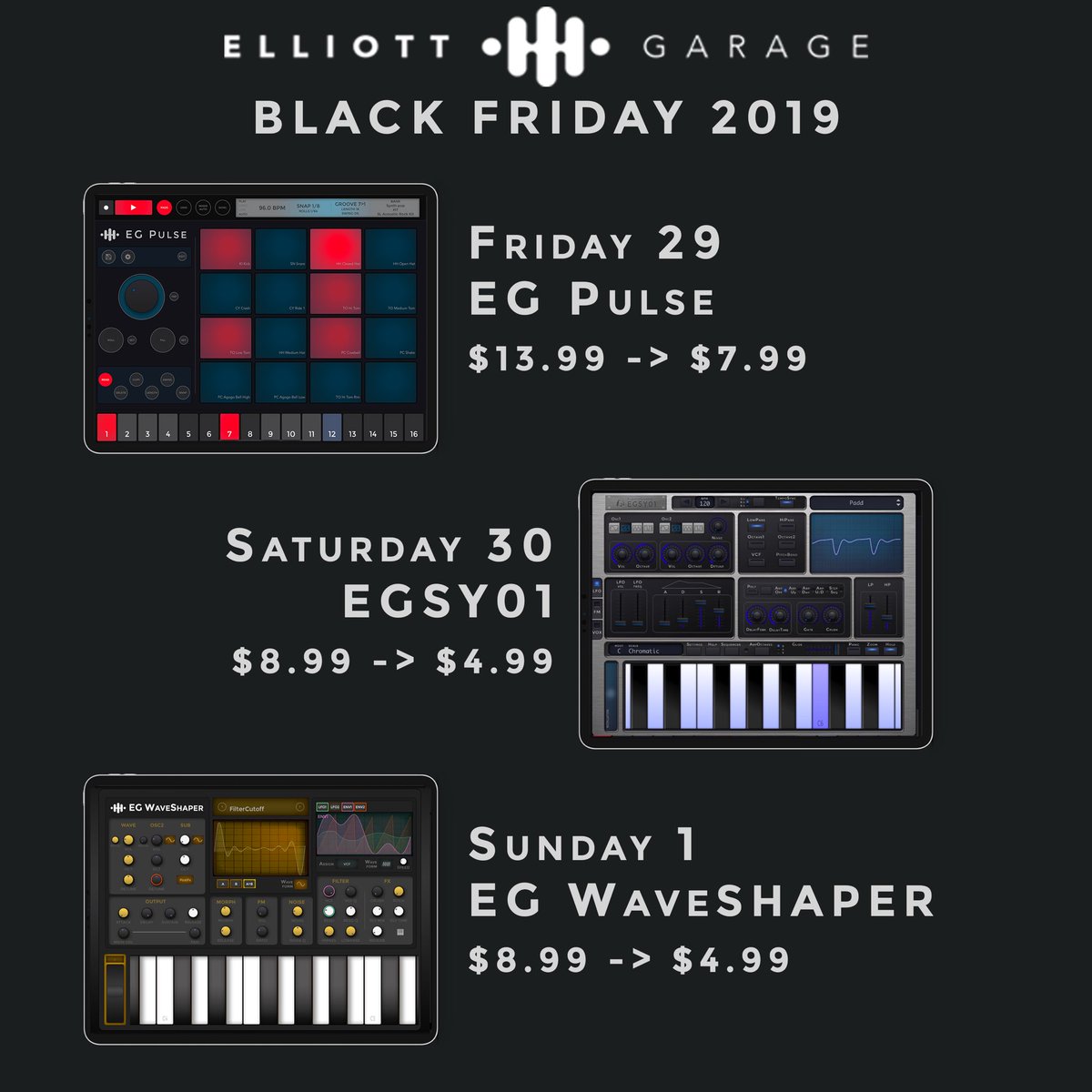 Ready for EG Black Friday?
#blackfriday #blackfriday2019 #egpulse #synth #egsy01  #egwaveshaper #synthporn #synthesizers #cubasis #aum #audiounit #drummachine #drummachines #synthwave