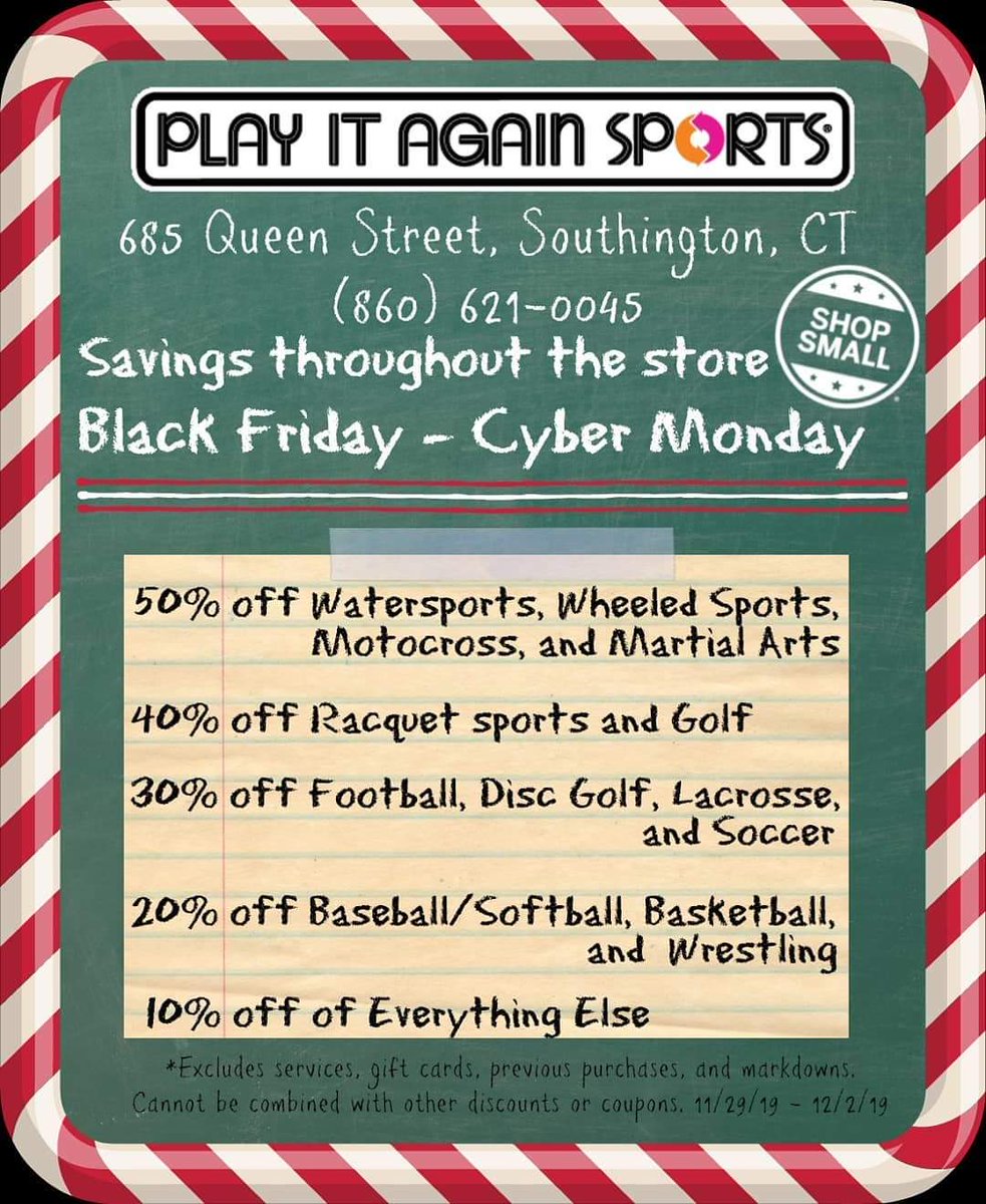 PIASSouthington's tweet photo. Specials Black Friday through Cyber Monday at Play It Again Sports in Southington. Thank you for shopping local! #smallbiz #servicewins #servicefirst https://t.co/cORDRoO1a8