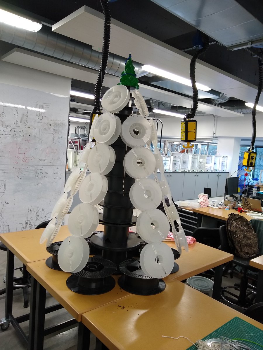 DrLizBish's tweet photo. It's a reel tree!!! Getting festive in @WEDesignMake and coming up with creative uses of the old 3d printer filament spools! #3dprinting #largescaleam #PhDlife https://t.co/tQLtKwkySC