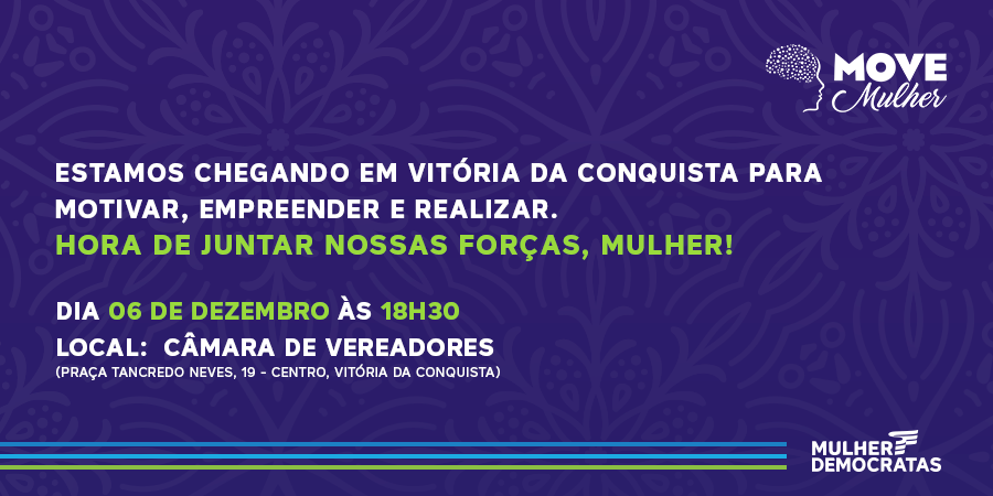 democratasbahia's tweet photo. Vitória da Conquista já pode comemorar, pois o Move Mulher está chegando com tudo para incentivar a participação feminina na formação de novas lideranças.
Mal podemos esperar para trocarmos ideias e crescermos juntas. Nos vemos lá! 😉 #MoveMulher #MulherDemocratas https://t.co/gAQaX0EMic
