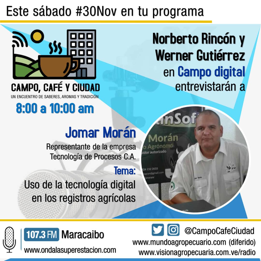 IndicadorGJM's tweet photo. Este #sábado 30 de noviembre entrevistan a nuestro Director el Ing. @jomarjmoranr en el programa de #radio @campocafeciudad por @onda1073.
Estará hablando del uso de la tecnología digital en los registros agrícolas.

#GanSoft #PotSoft #SoftwareGanadero #RFID #RegistroGanadero https://t.co/GcQw8GHKOv
