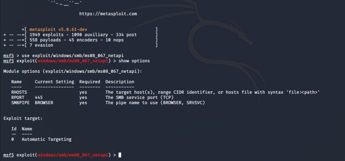 so we fire up metasploit... and load the MS08-067 exploit module... ez pz so far right! this is basically a fire and pwn right? ;) we only have 4 options... RHOSTS, RPORT and PIPE. It uses automatic targeting.. ez pz.. or is it?