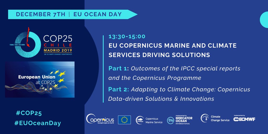 CMEMS_EU's tweet photo. Don't forget to attend & register for our side event @ #EUOceanDay @COP25CL 13:30-15:00 on Dec 7. We'll be discussing how @CopernicusEU #Marine & #Climate @CopernicusECMWF data can support a #SustainaleDevelopment & #ClimateChange #Resilience @EU_Growth
https://t.co/N10we79Y3B https://t.co/ou5fwHkWWm