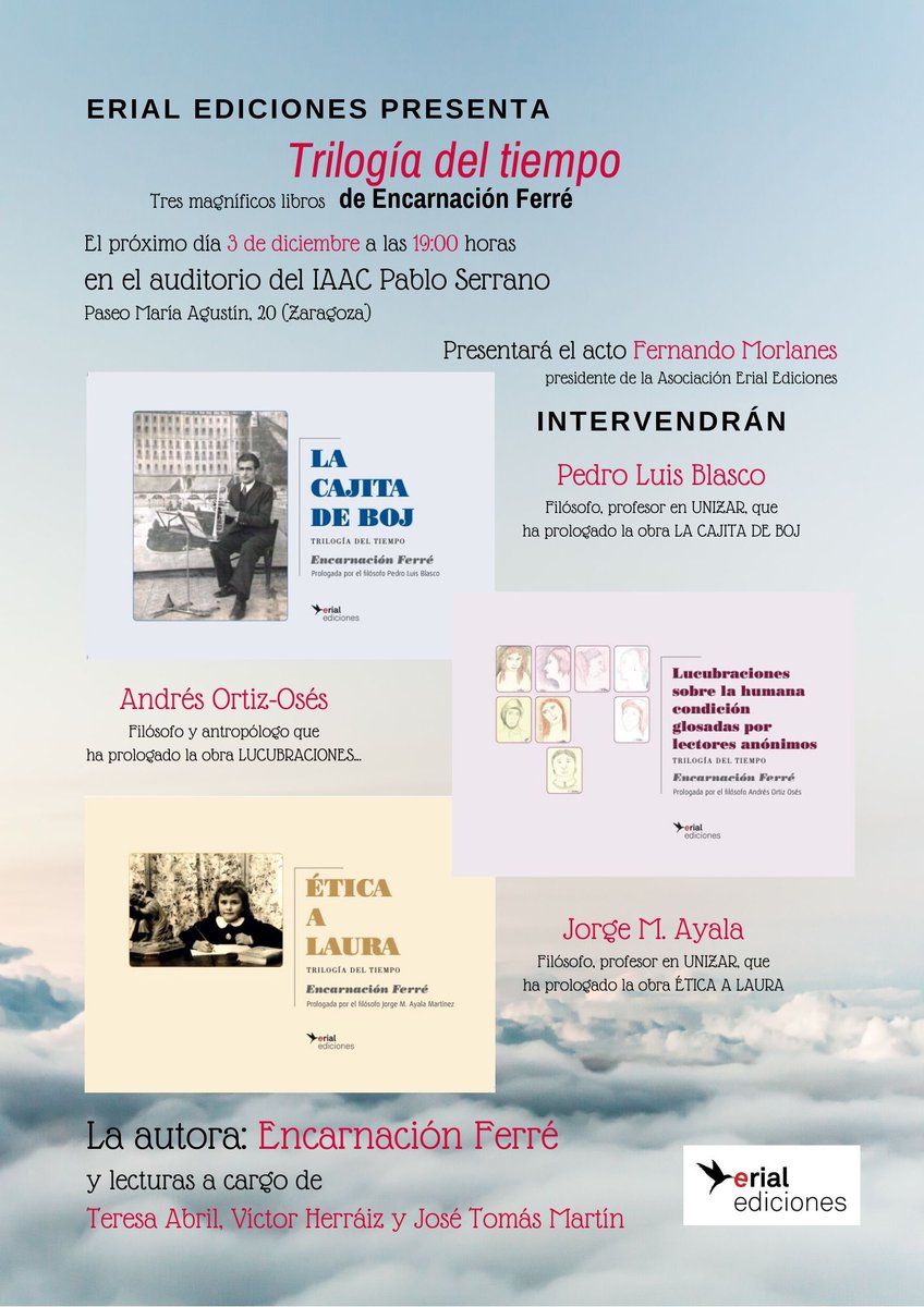 vmperezm's tweet photo. La escritora "Encarnación Ferré", el próximo día 3 de diciembre a las 19:00 horas, en el auditorio del IAAC Pablo Serrano, Paseo María Agustín, 20 (Zaragoza) | @ErialEdiciones1 | https://t.co/XPBd6MkLyr https://t.co/izuHN6Jlod
