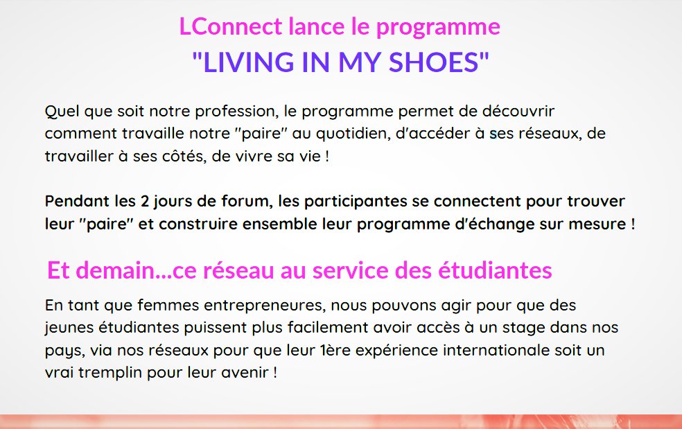 #WIF2019. "Living in my Shoes" un programme d'échange international réciproque entre femmes (entrepreneures, salariées, étudiantes, ...) développé par <a href="/LConnect_fr/">LConnect</a> : bit.ly/2Duh1N8 #ErasmusPro