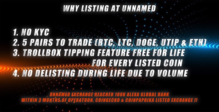 🤘4968 Registered Happy Members 🥳 145 + Listed Projects 🎫 Proud <a href="/ExchangeUnnamed/">Unnamed Exchange</a> for u .. Fast Finishing - Last 2 days !🖐DISCOUNT time 🔥🎉Great news for 
<a href="/CryptoBridge/">CryptoBridge</a>
coins !! 🤘We are pleased to offer 10 % ... Do fill the form to get contacted .. docs.google.com/forms/d/e/1FAI…