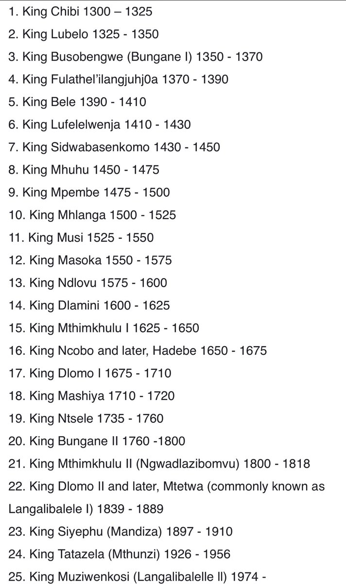Below is a traditional estimation of the Hlubi Kings that ruled from 1300 til date.Note that Hlubi history comes mainly from oral sources and the dates below should not be taken as historically accurate: (surprisingly King Mhlanga and King Musi are AmaHlubi....my blood y’all )