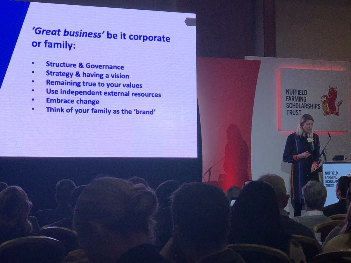 NuffieldFarming's tweet image. “Family businesses have everything that corporate businesses have - and they even have more.” Alexa discusses how to take care of our greatest asset in family business... the family itself. #NuffCon19