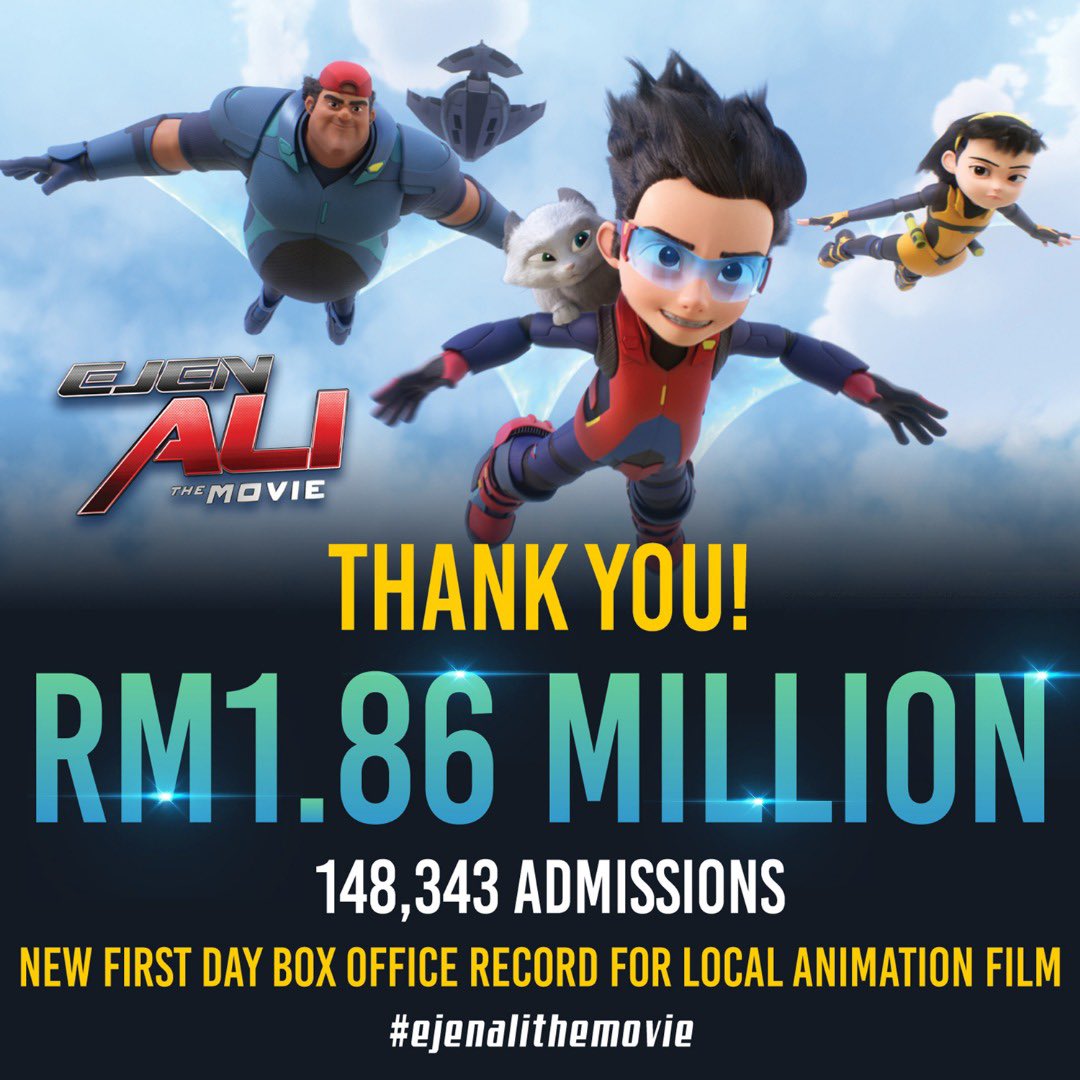 RM1.86 MILLION IN 1 DAY

#EjenAliTheMovie has made history as the HIGHEST GROSSING premiere for a local animation film with RM1.86 MILLION from Malaysia, Brunei and Singapore on the opening day!
#ThankYouEjens #MisiSerbuPawagam #MisiTontonEATM #aniMY @ejen_ali