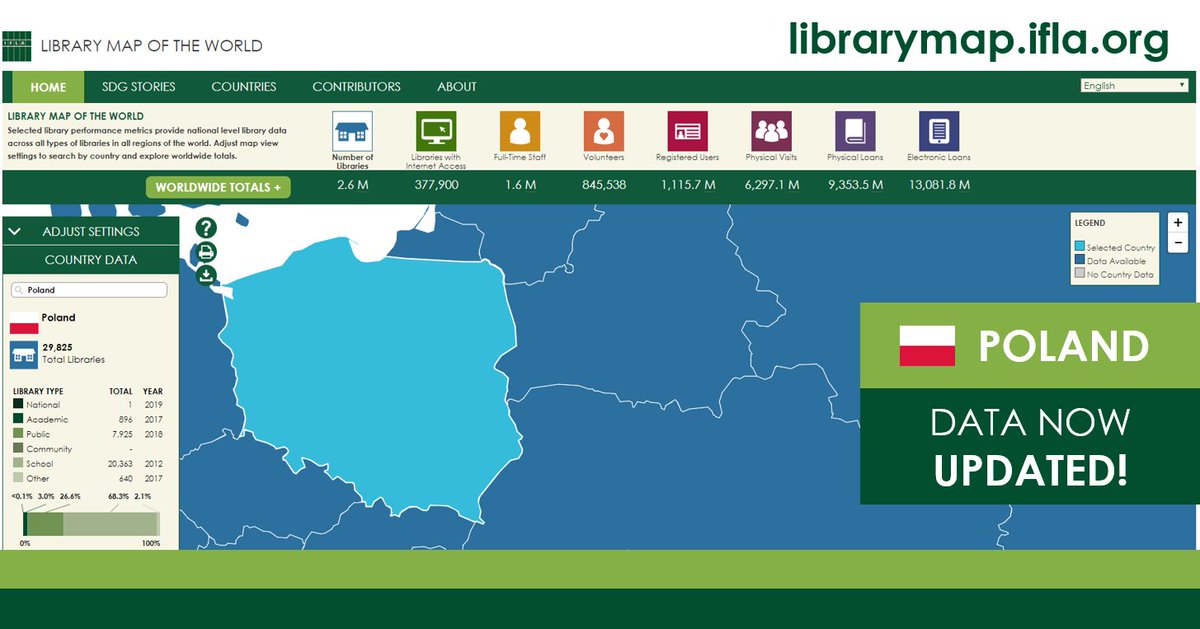 Updated #LibraryData for #Libraries in #Poland is now available in the <a href="/IFLA_LibraryMap/">IFLA Library Map of the World</a>. 

Thank you <a href="/SBP_pl/">SBP</a> for this contribution! 

Check this data and more at: bit.ly/2ZN8dLF #WorldLibraryMap