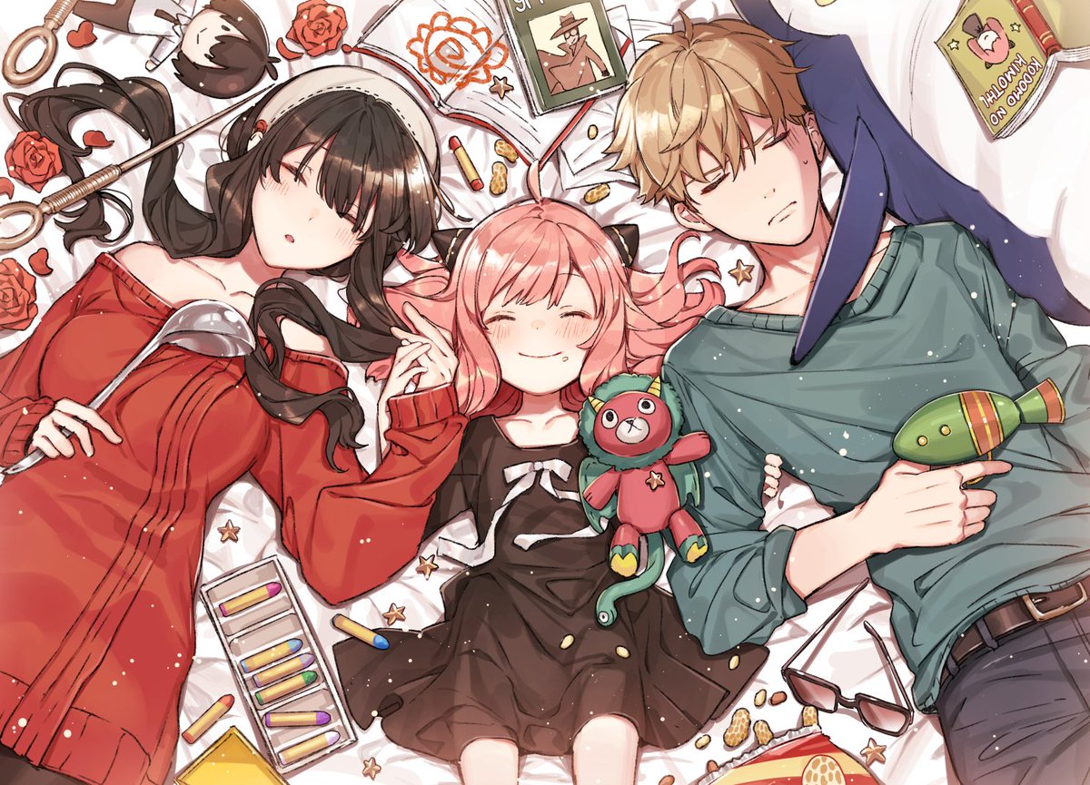 anya (spy x family) ,twilight (spy x family) ,yor briar multiple girls 2girls 1boy stuffed toy pink hair female child sleeping  illustration images