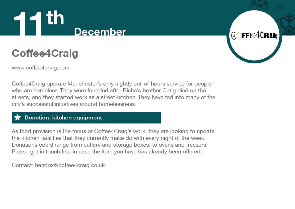 StJHomelessness's tweet photo. Day 11: Help @Coffee4Craig update their kitchen facilities this #Christmas by donating anything from cutlery to ovens. https://t.co/zRuSnqQZ3e https://t.co/JwC9ueQX5W