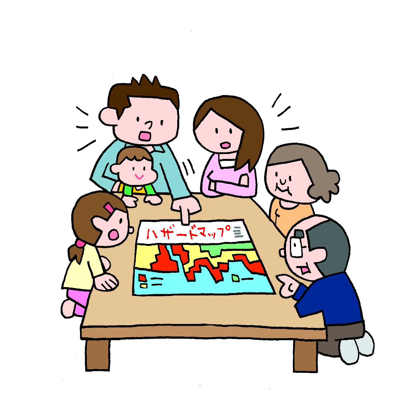 防災無料イラスト Twitterissa ハザードマップを見ながら話し合う家族のイラストhttps T Co Judo2mmshr T Co Xjl3h0eum7 Twitter