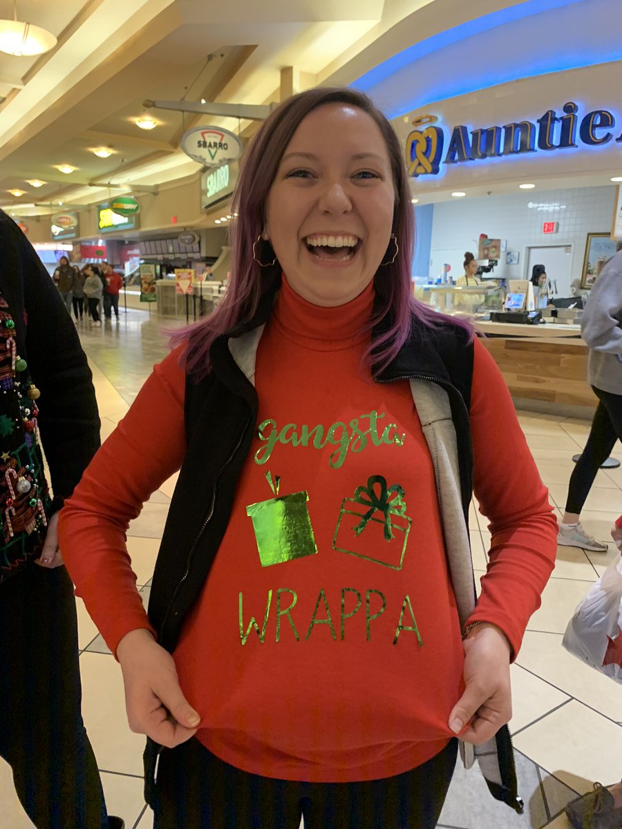 mikewsyx6's tweet photo. My favorite #holidayshirt I’ve seen for #BlackFriday2019. Courtney Waugh says she made it! #GangstaWrappa. She, Lyndsey Hankins, and their grandma, Patti Waugh, have made in-store shopping a tradition because of the “bonding time and fun.” https://t.co/XmRLTcjkJR