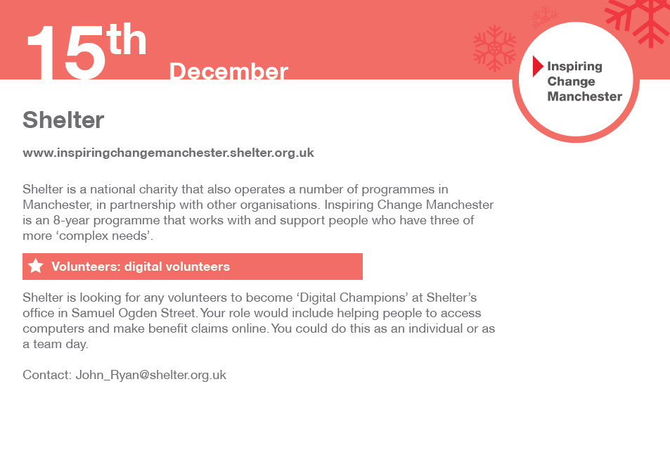 StJHomelessness's tweet photo. Day 15: Are you tech-savvy? Why not volunteer with @ShelterManc this #Christmas and help those in need. #SJHIReverseAdventCalendar https://t.co/zRuSnqQZ3e https://t.co/enlIHnGFss