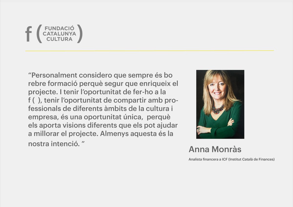 fcatcultura's tweet photo. L'@icfcat és una de les entitats que aposta per la cultura i que forma part del món de la @fcatcultura. #AnnaMonràs n'és la seva analista financera i ha participat com a mentora al #ProgramaIMPULSACULTURA2019. Gràcies per aportar els teus valors als projectes de l'#IMPULSA2019 https://t.co/v5T49T0Bzx