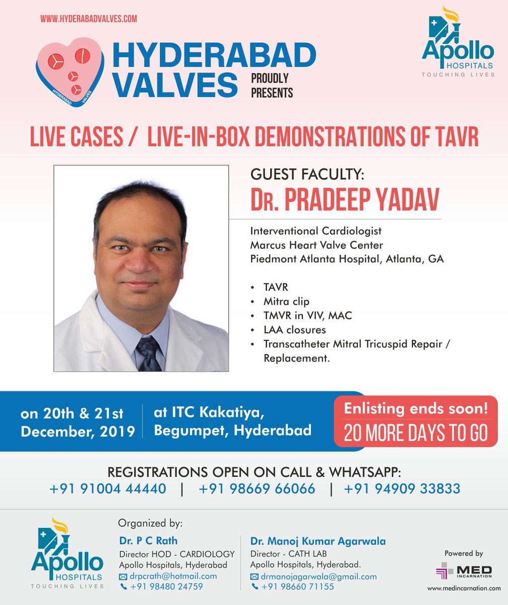 HyderabadValves's tweet photo. Hyderabad Valves proudly presents live case demostration of TAVR by renowned Interventional cardiologist Dr. Pradeep Yadav from Marcus Heart Valve Center, USA. 
#TAVR #TAVI #hyderabadvalves #Cardiology #medincarnation #cardiologysocietyofindia #medicalconferences #20daysmoretogo https://t.co/FkECR69Ru2