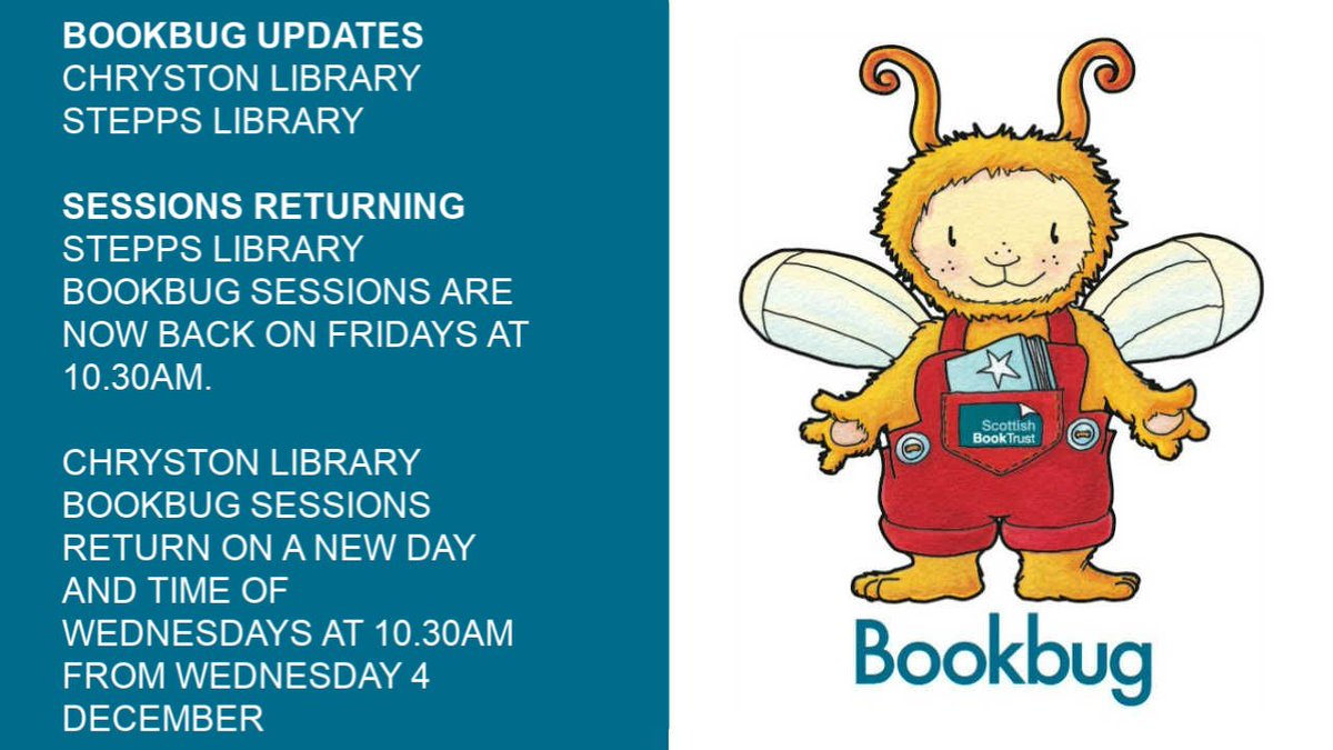 LibrariesNL's tweet photo. We are glad to confirm that #Bookbug is returning at #ChrystonLib and #SteppsLib.
#Chryston Library sessions:
Wednesdays at 10.30am
#Stepps Library sessions:
Fridays at 10.30am https://t.co/nDaF9xEIO6