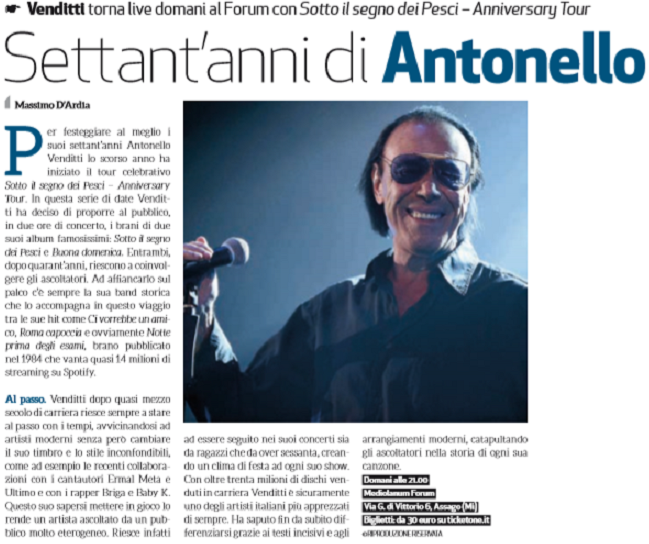 MassimoDArdia's tweet photo. Domani sera #AntonelloVenditti si esibirà al @MediolanumForum #Milano #MiTomorrow https://t.co/Bn786u9yWT