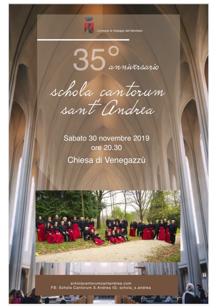 🎼 Appuntamento in #musica #sabato 30 #novembre a Volpago del Montello, con il #concerto per i 35 anni della #ScholaCantorum Sant'Andrea di #Venegazzù ⛪️
📍 Chiesa di Venegazzù
🕣 ore 20.30
ℹ️ Info 👉 bit.ly/2OUx1gH