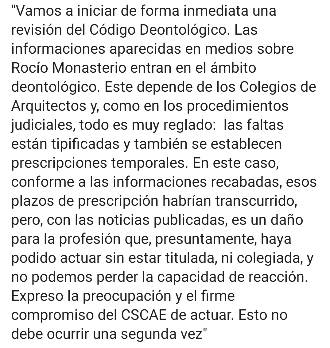 Lluís Comerón, presidente del CSCAE, en la #AsambleaCSCAE 2019 acaba de anunciar:

"Vamos a iniciar de forma inmediata una revisión del Código Deontológico a raíz de las informaciones aparecidas en medios sobre Rocío Monasterio"