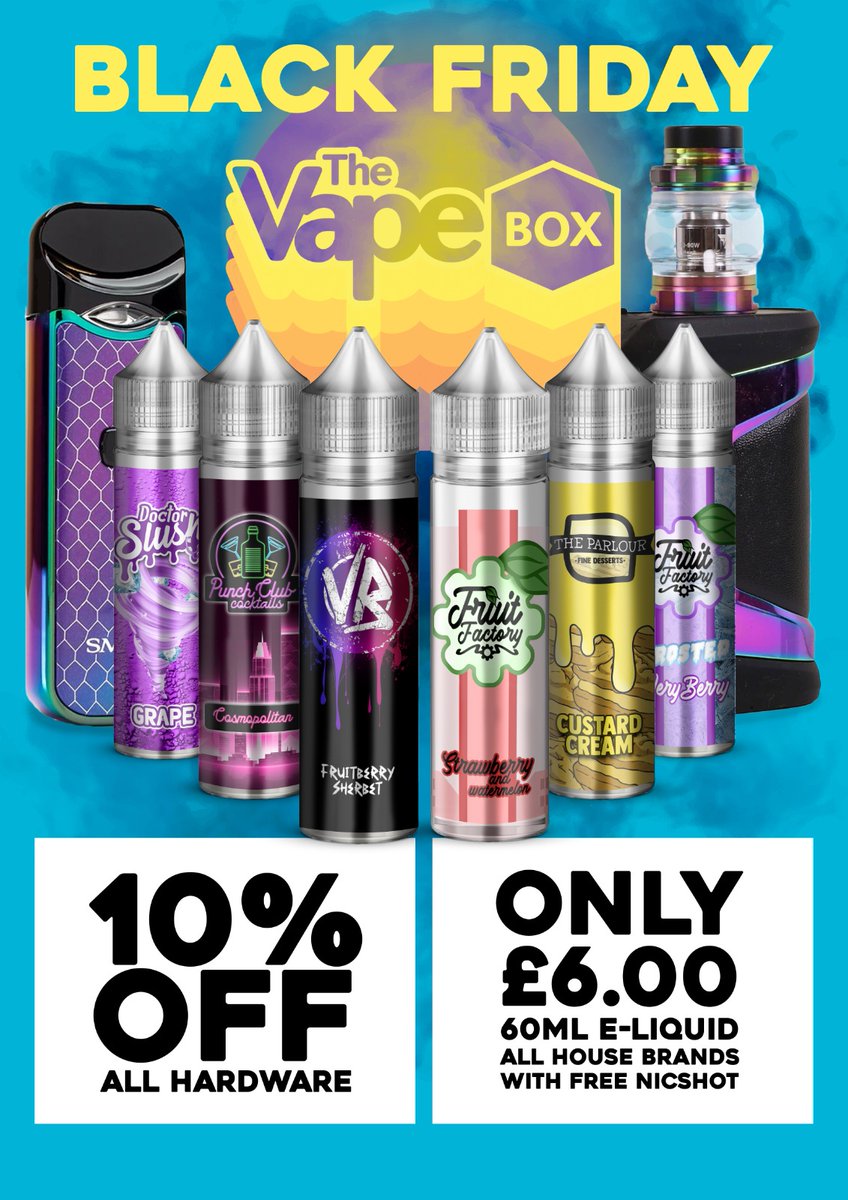 TheVapeBox1's tweet photo. Are you all ready for the Black Friday madness to begin? 
We will be joining in on the fun.
⭐️ 10% off all hardware in store.
⭐️ All of our in-house 60ml liquids at £6 a bottle with a free NIC shot. 

Ends 6pm Saturday.
Whilst stocks last. https://t.co/EDcGLSD6MH