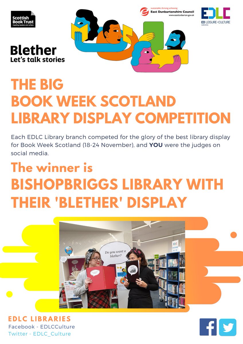 EDLC_Culture's tweet photo. EDLC Libraries are delighted to announce the winning #BookWeekScotland library display is #BishopbriggsLibrary!! Their 'Blether' theme really got folk chatting! It was close and each branch did themselves proud! Thanks to all who shared photos of these incredible displays π https://t.co/radp2tYoRQ
