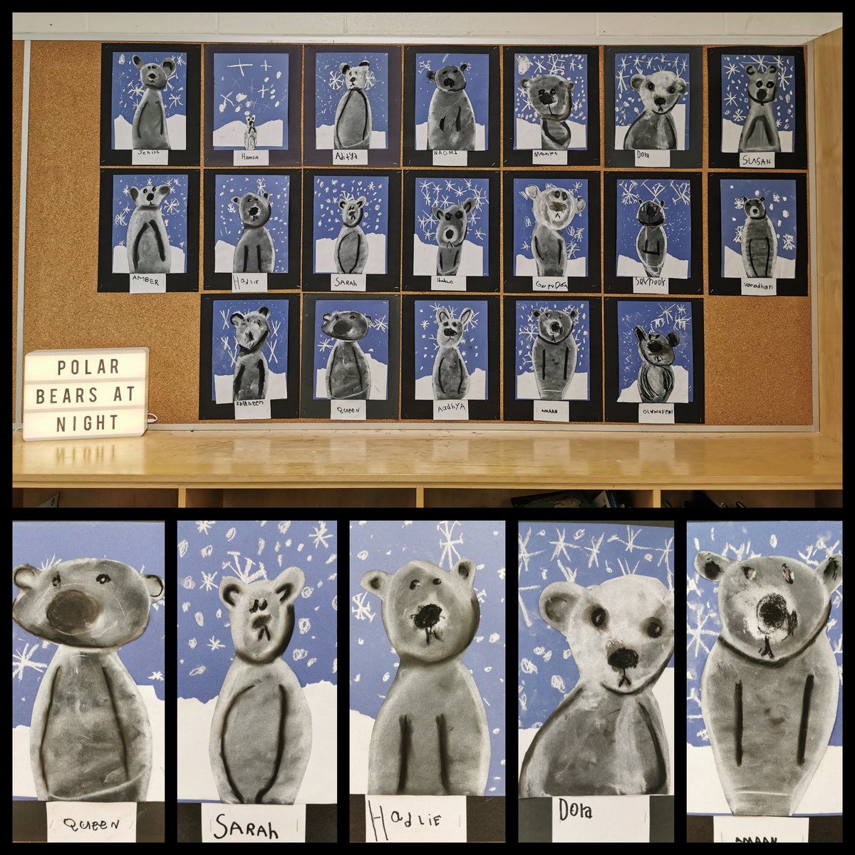 We are getting ready for winter! We created these adorable 'Polar Bears at Night' using chalk pastels, and construction paper inspired by Susanna over <a href="/WhimsyWorkshop/">Whimsy Workshop</a> #gradeoneartists <a href="/PeelSchools/">Peel District School Board</a> <a href="/JamesPotterPS/">James Potter PS</a> 🐻