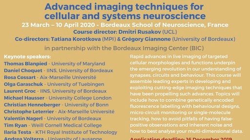 FENSorg's tweet image. Have a look at the speakers for the #Cajal course on #ImagingTechniques!
Application open until 16 December 2019.
This Cajal course will take place on 23 March - 10 April 2020 in Bordeaux School of Neuroscience. 
Application and more information: bit.ly/31fQlZU