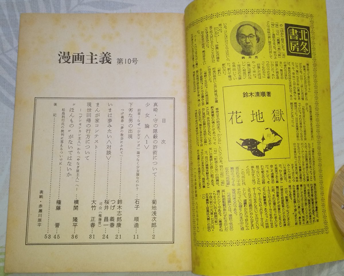 真崎・守の隠蔽の詐術について
漫画主義第10号(1972年9月発行)

大学生が漫画を読むことが奇異とされていた時代、インテリ読者達から熱烈な支持を得た真崎守
コマの間を活かした技法を認めつつ「語るべきものがないからごまかしている」と斬り捨てた批評(勿論真崎ファンは見当違いな論だと言う筈) 