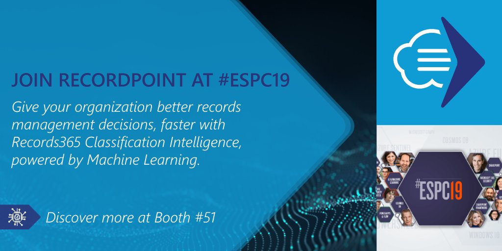 RecordPoint's tweet photo. Just a weekend away, #ESPC19 we're READY FOR YOU.

#ClassificationIntelligence was made to ensure correct categorization to your uncategorized data through the power of #MachineLearning.

Come see us at booth 51 to experience it first hand! https://t.co/kFgmEFFWFk