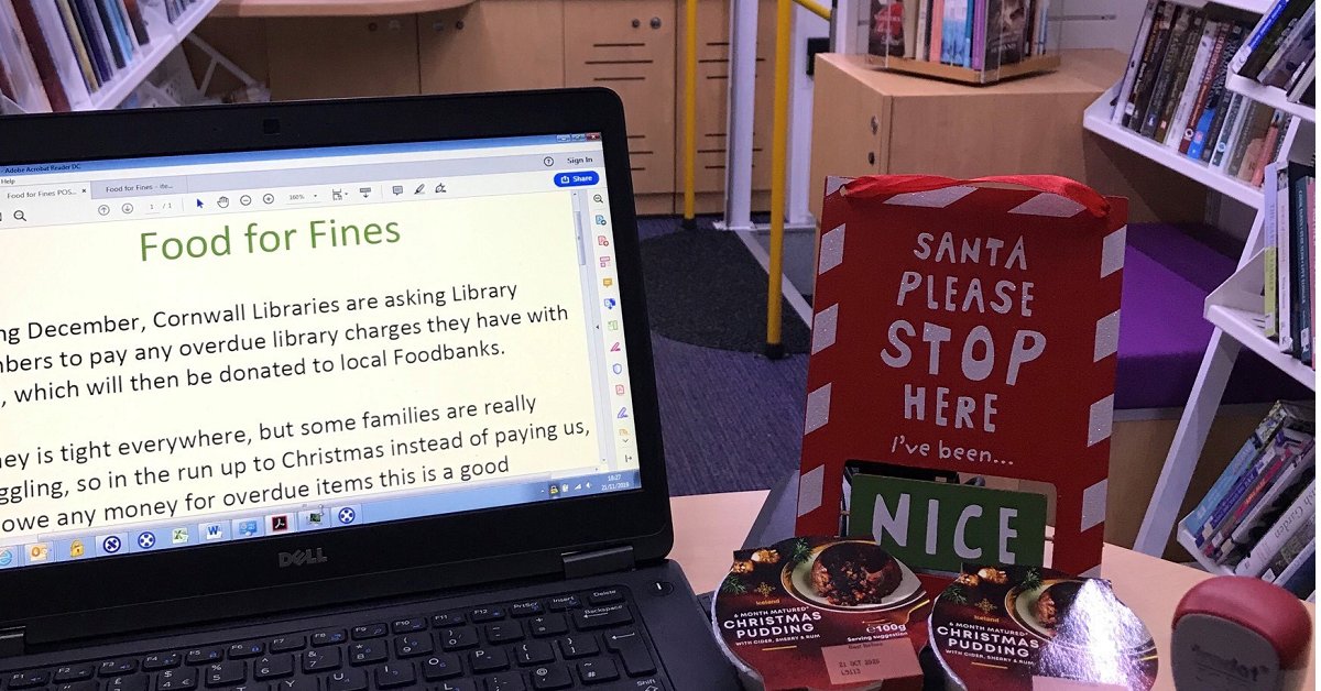 CornwallCouncil's tweet image. 15 Libraries in Cornwall are holding a ‘Food for Fines’ amnesty throughout the festive season: bit.ly/2q3MdzG

The libraries will be accepting donations to the local foodbank to clear any library fines you owe rather than monetary fines this Christmas. 🎄🎁