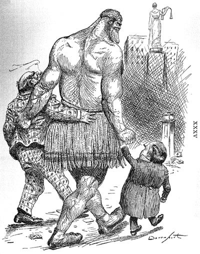"'As they go to the polls' 1900, showing the giant representing the trusts hand in hand with Hanna and McKinley"