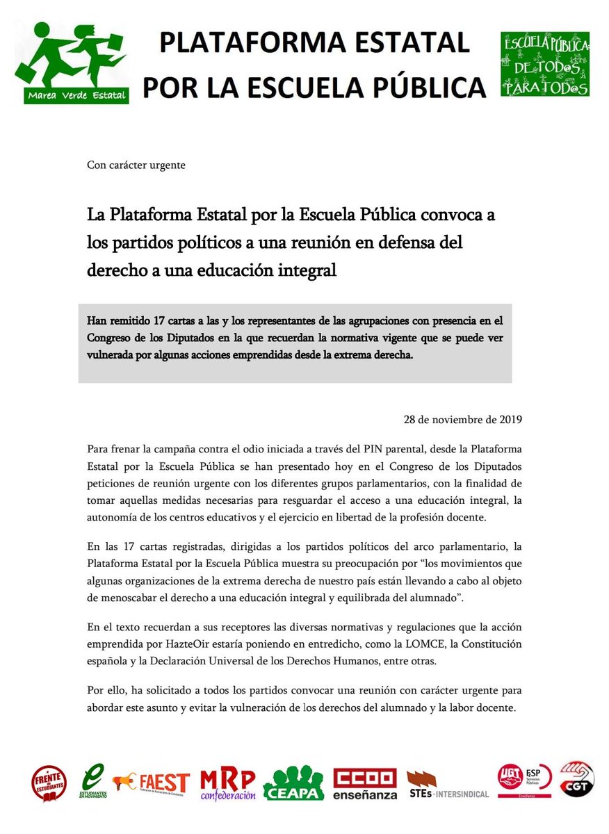La <a href="/PlatEstEscuelaP/">PlatEstEscuelaP</a> en defensa de una educación integral para el alumnado.