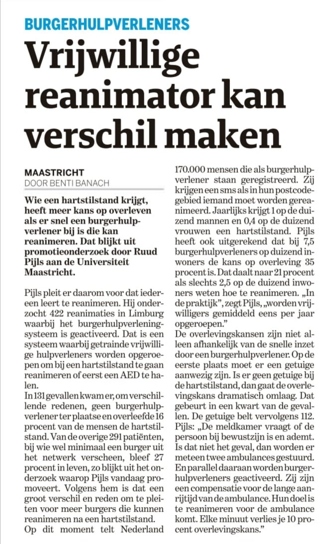Vandaag in het Limburgs Dagblad. 
Burgerhulpverlener kan het verschil maken tussen leven en dood. <a href="/MaastrichtUMC/">Maastricht UMC+</a> @Estafette2020 <a href="/HartslagNu/">HartslagNu</a>