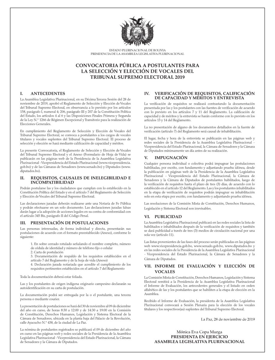 🔴#Último 
Les presentamos la Convocatoria para postularse al cargo de vocales del <a href="/TSEBolivia/">TSE Bolivia</a>.
👉🏻Descargue aquí el documento📥
➡️web.senado.gob.bo 
RA