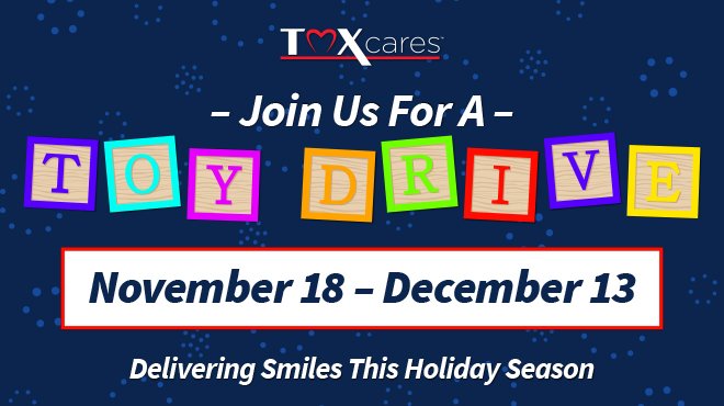 Doing some #BlackFriday shopping? Buy an extra toy or two for a child in need. We're collect unwrapped toys any of our locations to deliver some serious smiles in our communities. Help us help the people who deserve it most! #TMXCares