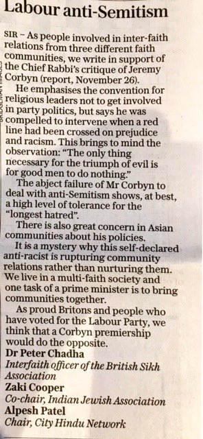 The highlighting of Labour’s anti-Semitism issue has given courage to other communities to also speak up about their concerns if <a href="/jeremycorbyn/">Jeremy Corbyn</a> became PM. Well put <a href="/alpeshbp/">Alpesh B Patel OBE</a> and Peter Chadha on behalf of British Hindus and Sikhs groups. <a href="/zakicooper/">Zaki Cooper</a>