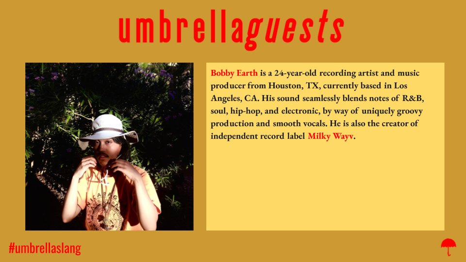 umbrellaslang's tweet photo. #umbrellaguests:
Artist - @thebobbyearth 
Based - Los Angeles/Houston
Music Style - Soul/Electronic

Come check out Bobby Earth at the next #umbrellaslang on December 7th!

Capacity is limited, RSVP in bio for entry! 

#music #convo #new #artist #losangeles #socal #california https://t.co/JJvihszskO