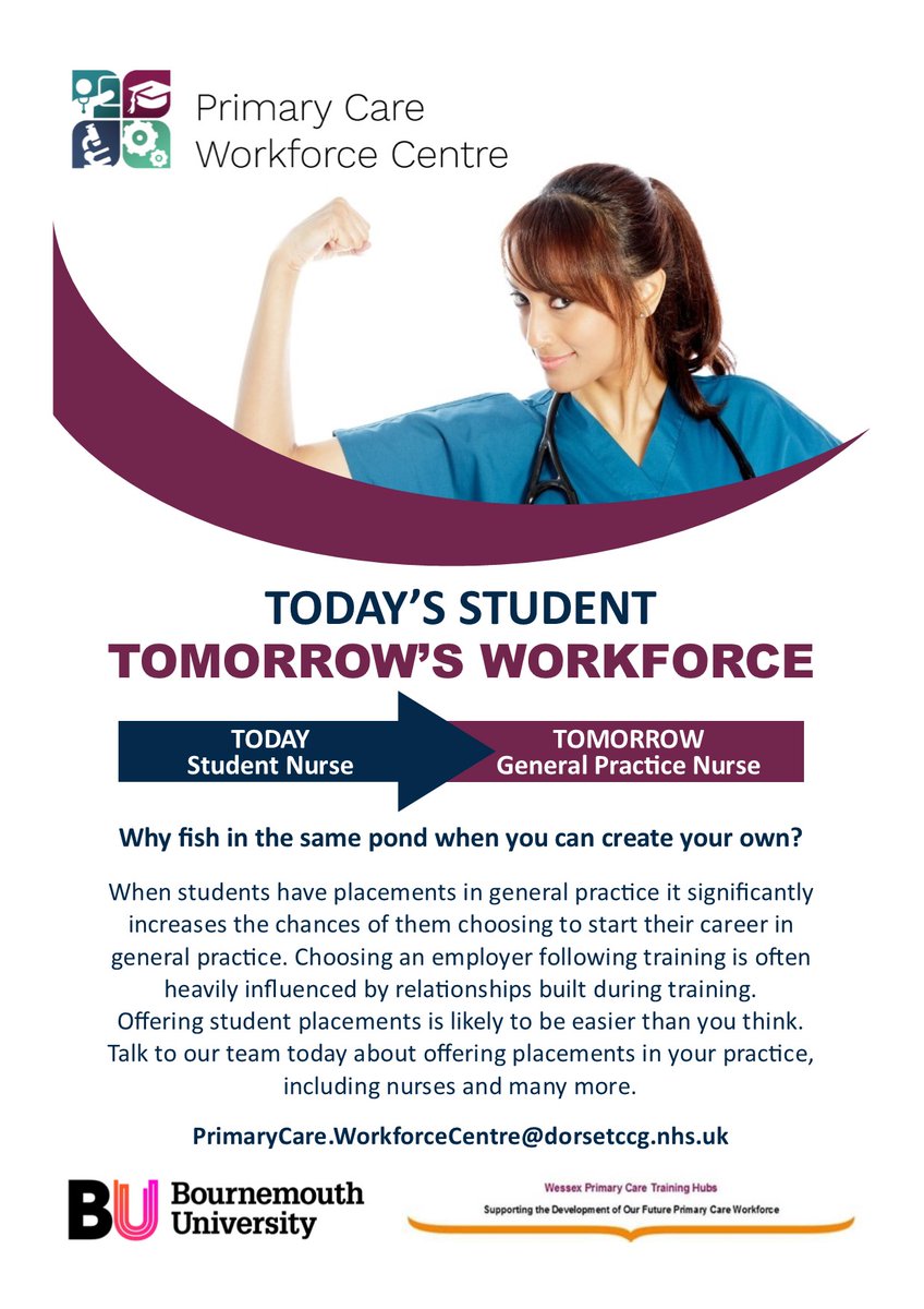 PCTH_Dorset's tweet image. Are you thinking about offering nurses placements in your practice? Contact our team today at PrimaryCare.WorkforceCentre@dorsetccg.nhs.uk.
#PrimaryCareWorforceCentre #Dorset #placements #BournemouthUniversity #nurses #students