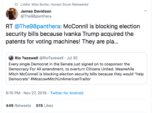 Oh and another reason why this matters. Take a look at this tweet from a few days ago. Its not in today's campaign but it is related. I believe this person is trying to use it justify McConnell's block on election security. Yes its ludicrous but it is our reality right now  #osint