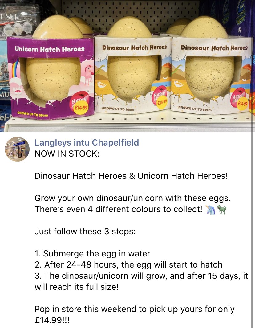 IntuLangleys's tweet image. NOW IN STOCK:

Dinosaur Hatch Heroes &amp;amp; Unicorn Hatch Heroes!!!

Only £14.99 🦄🦖 

#langleys #langleystoys #giftideas #dinosaur #dinosaurs #toys #childrenstoys #christmasshopping #chapelfield #chapelfieldnorwich