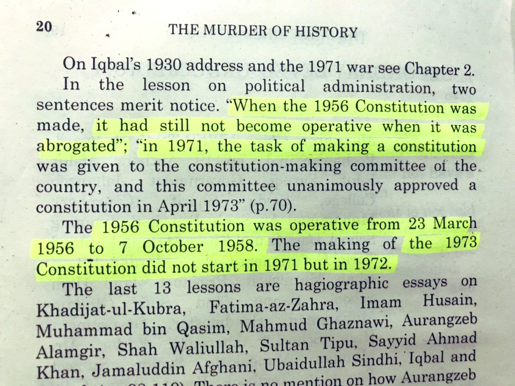 INCORRECT: 1956 Constitution was abrogated before becoming operative. The making of 1973 constitution began in1971.CORRECT: 1956 Constitution remained operative from 1956-1958. The making of 1973 Constitution began in 1972. #TheMurderOfHistory  #bookscache